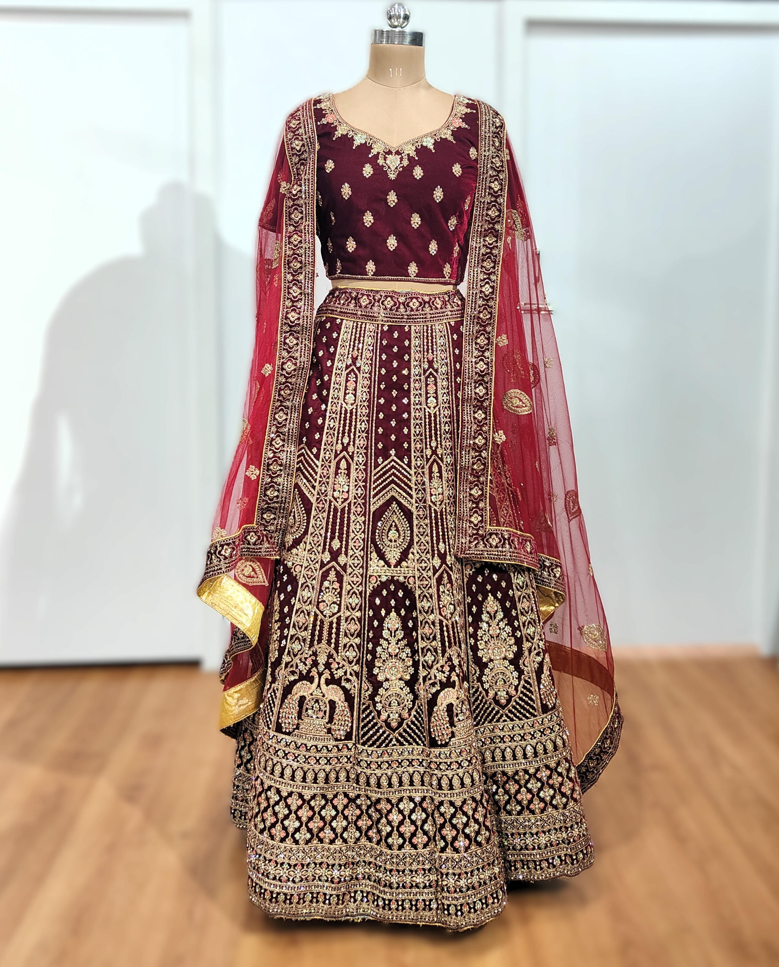Maroon Velvet Double Peacock Bridal Lehenga - Rental Lehenga | Rent To ...